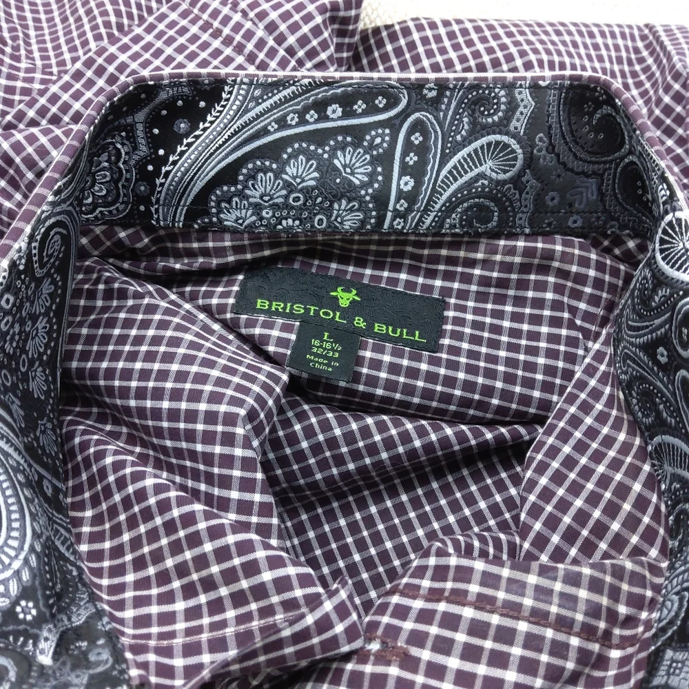 Bristol &‎ Bull Long Sleeve Button Down 100% Cotton Shirt, Purple/White, Size L
